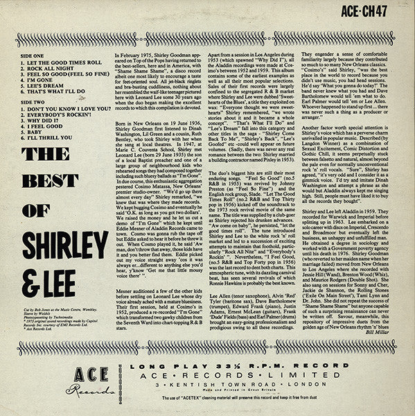 SHIRLEY AND LEE, The Best Of Shirley & Lee (Ace; CH47, UK 1981, Dark Blue Cover) LP VG/EX - Image 2