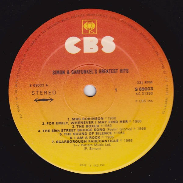 SIMON AND GARFUNKEL, Simon And Garfunkel's Greatest Hits (CBS Orange/Yellow; 69003, UK 1974 Reissue, Non Laminated Sleeve, Made In England at Bottom of Label) LP VG+/VG+ - Image 3