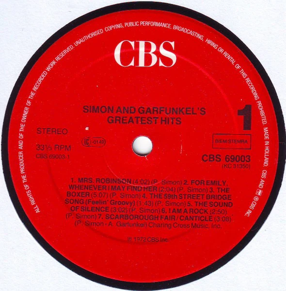SIMON AND GARFUNKEL, Simon And Garfunkel's Greatest Hits (CBS Red Labels; CX 69003, Europe 1986 Reissue) LP VG/VG - Image 3