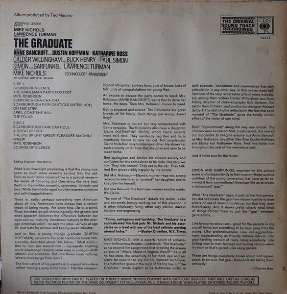SIMON AND GARFUNKEL, The Graduate (Original Sound Track Recordings) (CBS; 70042, UK 1968, Laminated Front Sleeve, Company Inner) LP VG/G+ - Image 2