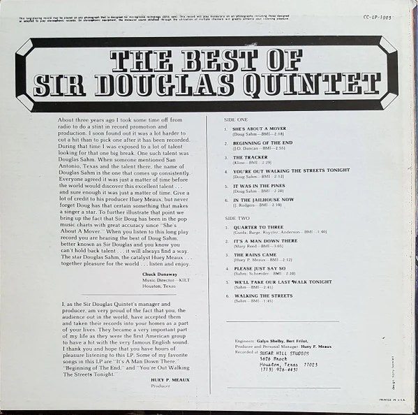 SIR DOUGLAS QUINTET (DOUG SAHM), The Best Of Sir Douglas Quintet (Crazy Cajun; CC-LP-1003, US 1960s Reissue, Mono) LP VG/VG+ - Image 2