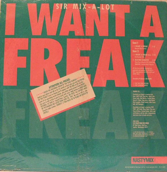 SIR MIX-A-LOT, I Want A Freak (Remix) (Nastymix Records; IGU 6971, US 1987, Picture Sleeve) 12" G+/G+ - Image 2