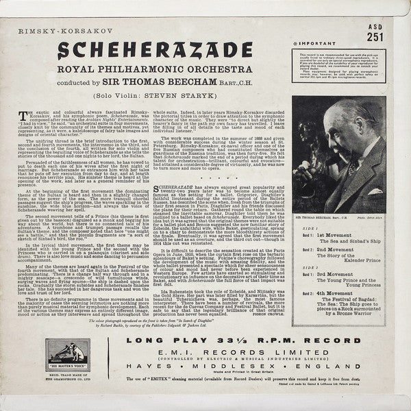SIR THOMAS BEECHAM, ROYAL PHILHARMONIC ORCHESTRA, Rimsky-Korsakov: Scheherazade (HMV Cream and Gold; ASD 251, UK 1958 Reissue, Laminated Straight Flipback Sleeve, 5-10, 6-15 Matrix, No Publi LP VG/VG - Image 2