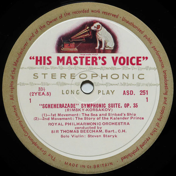 SIR THOMAS BEECHAM, ROYAL PHILHARMONIC ORCHESTRA, Rimsky-Korsakov: Scheherazade (HMV Cream and Gold; ASD 251, UK 1958 Reissue, Laminated Straight Flipback Sleeve, 5-10, 6-15 Matrix, No Publi LP VG/VG - Image 3