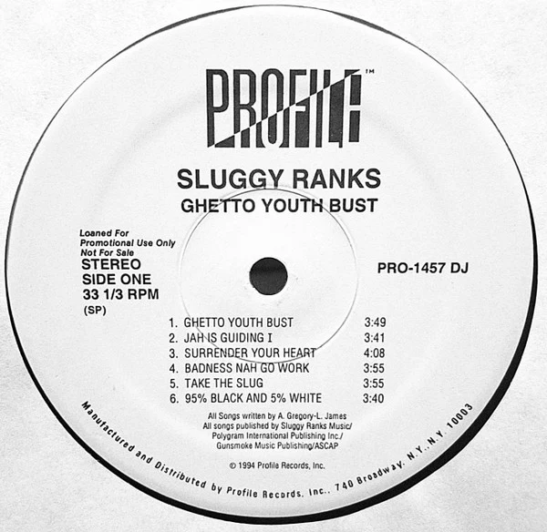 SLUGGY RANKS, Ghetto Youth Bust (Profile Records; PRO-1457-1, US 1994, Promo, Stickered Plain Sleeve) LP VG+/VG+ - Image 2