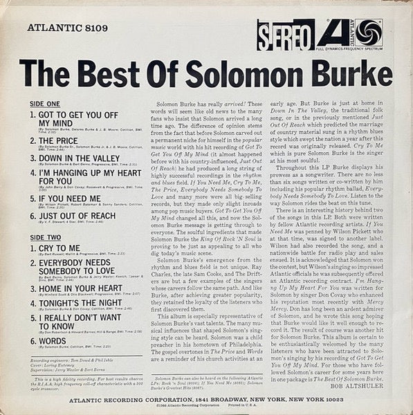 SOLOMON BURKE, The Best Of Solomon Burke (Atlantic; SD 8109, US 1970s Reissue, Pasteback Sleeve, Company Inner) LP VG+/VG - Image 2