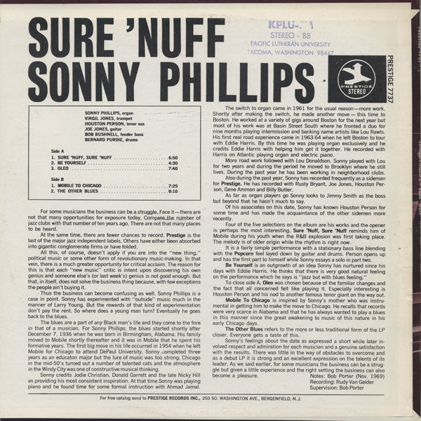 SONNY PHILLIPS, Sure 'Nuff (Prestige; PR 7737, US 1970, VAN GELDER stamp in runouts, Stereo), SALE - Up to 50% Off the Original Price  LP G+/G+ - Image 2