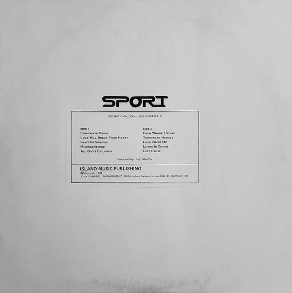 SPORT, Sport (Island Music Publishing ; Sport LP, UK 1984, Promo Only White Label, Stickered Plain Sleeve) LP VG/VG+