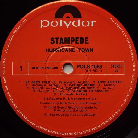 STAMPEDE, Hurricane Town (Polydor; POLS 1083, UK 1983, Promo, NO Merch Insert) LP VG/VG+ - Image 3