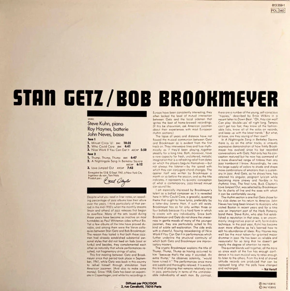 STAN GETZ & BOB BROOKMEYER, Recorded Fall 1961 (Verve Records; 813 359-1, France 1983 Reissue, Picture Sleeve, Stereo) LP G+/VG - Image 2