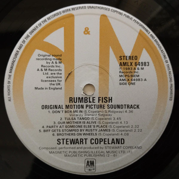 STEWART COPELAND, Rumble Fish (Original Motion Picture Soundtrack) (A&M Records; AMLX 64983, UK 1983) LP VG/VG - Image 3