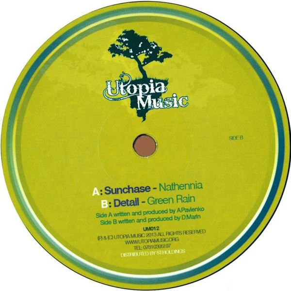 SUNCHASE / DETAIL, Nathennia / Green Rain (Utopia Music; UM012, UK 2013, Company Sleeve) 12" VG/VG