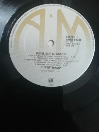 SUPERTRAMP, Indelibly Stamped (A&M Tan and Silver; AMLH64306, UK 1977 Reissue, Promo Stamped, Gatefold, Tudor Music 1-5 at Bottom of Labels) LP VG/VG+ - Image 3