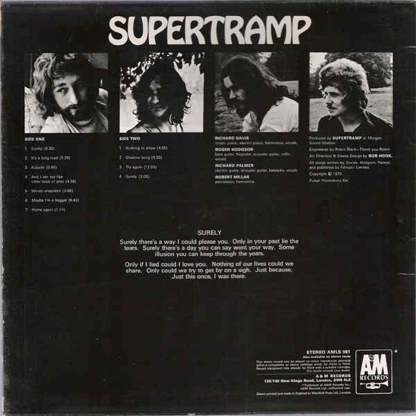 SUPERTRAMP, Supertramp (A&M Silver and Brown Label; AMLS981, UK 1974 Reissue, Laminated Sleeve) LP VG/VG+ - Image 2