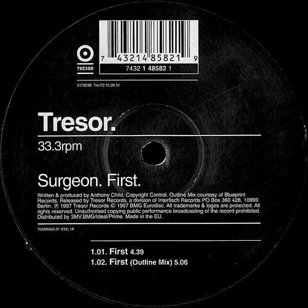 SURGEON, First (Tresor; TRE/72, UK & Europe 1997, Company Sleeve) 12" G/G+