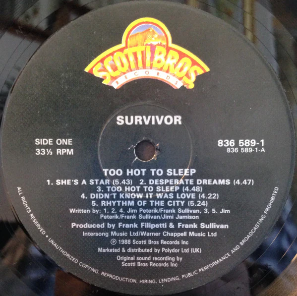SURVIVOR, Too Hot To Sleep (Scotti Bros. Records; 836 589-1, UK 1988, Inner) LP VG+/VG - Image 3