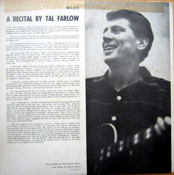 TAL FARLOW, A Recital By Tal Farlow (Verve Records; MG V-8123, US 1957 Reissue) LP G/G+ - Image 2