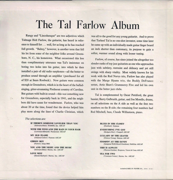 TAL FARLOW, The Tal Farlow Album (Verve Records; MV 2584, Japan 1976 Reissue) LP G+/VG - Image 2