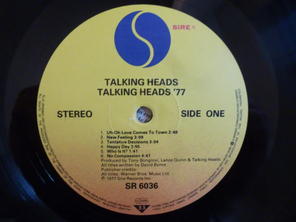 TALKING HEADS, Talking Heads: 77 (Sire No Rights Box; SR 6036, Europe 1980s Reissue, Non-Barcoded Sleeve, Inner, "SIDE ONE/TWO" Indicators, "STRAWBERRY (C)" Matrix) LP VG+/VG+ - Image 3