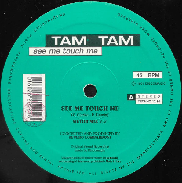 TAM TAM, See Me Touch Me (Technology; TECHNO 12.94, Italy 1991), SALE - Up to 50% Off the Original Price  12" /G+