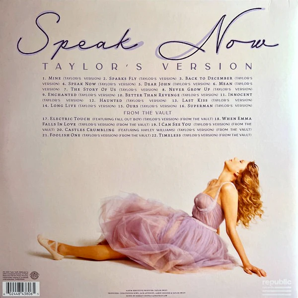 TAYLOR SWIFT, Speak Now (Taylor's Version) (Republic Records; 2448438065, Worldwide 2023, Gatefold, 3 Inners, Violet Marbled Vinyl) 3xLP VG+/VG+ - Image 2