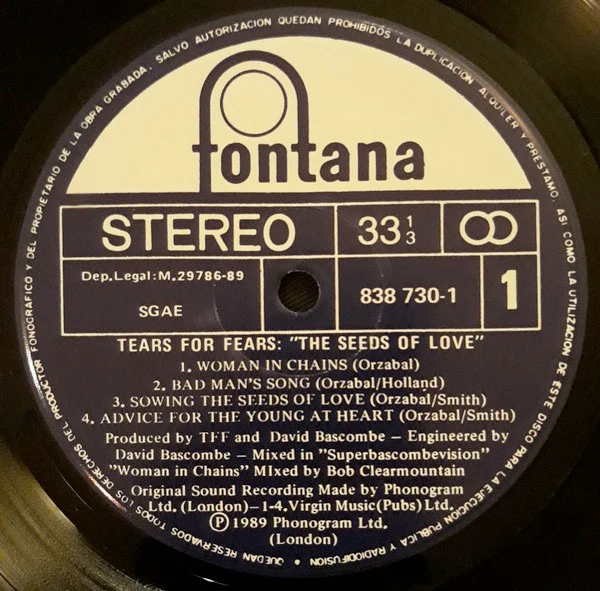 TEARS FOR FEARS, The Seeds Of Love (Fontana ; 838 730-1, Spain 1989, Inner) LP VG/VG - Image 3