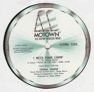 TEENA MARIE, I Need Your Lovin' / Behind The Groove / Remix (Motown; 12TMG 1203, UK 1980, Die Cut Company Sleeve) 12" /G+