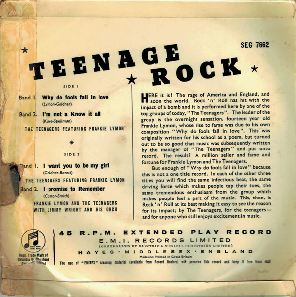 TEENAGERS (FEATURING FRANKIE LYMON), Teenage Rock (Columbia; SEG 7662, UK 1957, Laminated Flipback Sleeve, Mono) 7" EP VG/VG - Image 2