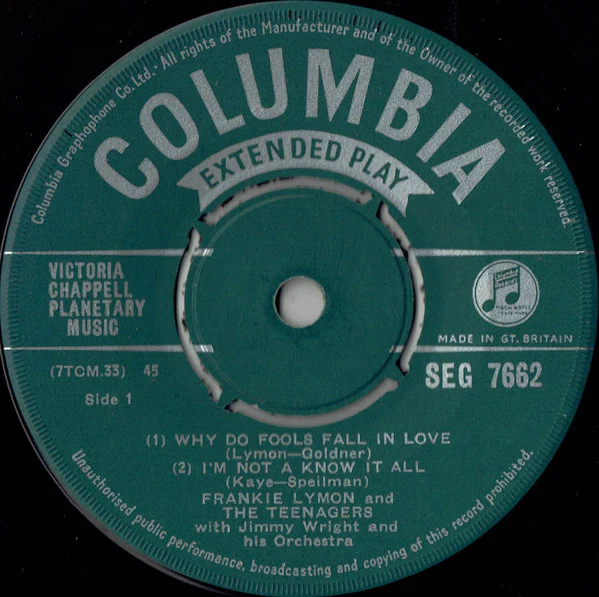 TEENAGERS (FEATURING FRANKIE LYMON), Teenage Rock (Columbia; SEG 7662, UK 1957, Laminated Flipback Sleeve, Mono) 7" EP VG/VG - Image 3