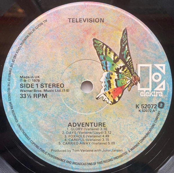 TELEVISION, Adventure (Elektra Butterfly Labels; K52072, UK 1978) LP VG+/VG+ - Image 3
