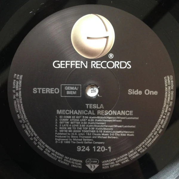 TESLA, Mechanical Resonance (Geffen Records; 924 120.1, Europe 1986, No Inner, GEMA/ BIEM Box on Label) LP VG+/VG+ - Image 3
