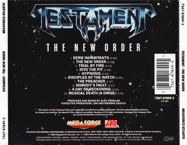 TESTAMENT, The New Order (Megaforce Worldwide; 7567-81849-2, Europe , Jewel Case) CD VG+/VG+ - Image 2