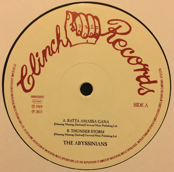 THE ABYSSINIANS & BERNARD COLLINS, Satta Amassa Gana / Satta Me No Born Ya (Clinch Records; , Europe 2016, Company Sleeve) 10" EX/VG+