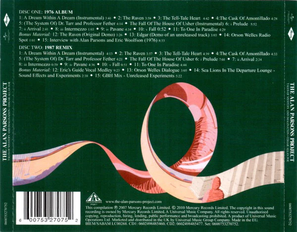 THE ALAN PARSONS PROJECT, Tales Of Mystery And Imagination - Edgar Allan Poe (Universal Music Group International; 0600753270752, Europe 2012 Reissue, Double CD Case) CD VG+/VG+ - Image 2