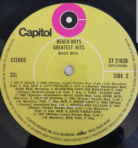 THE BEACH BOYS, Greatest Hits (Capitol Green; ST 21628, UK 1970, Laminated Front Sleeve, Made in England on Label Rim) LP VG+/VG - Image 3