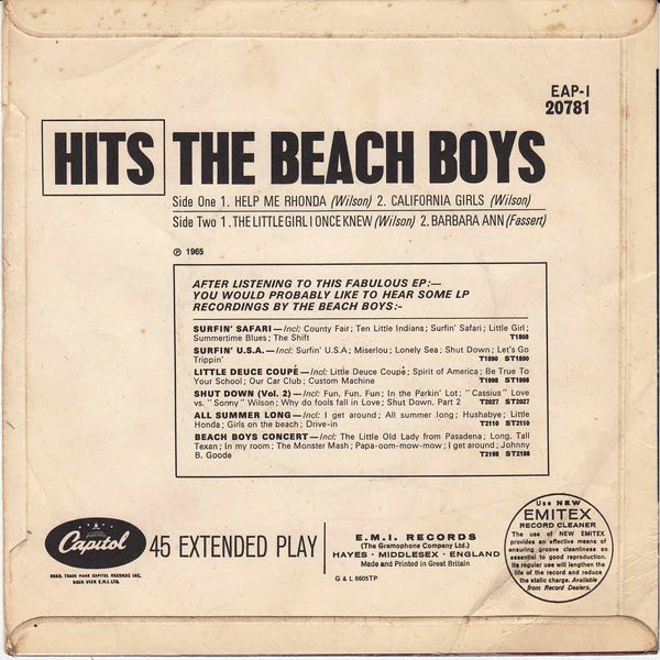 THE BEACH BOYS, Hits (Capitol; EAP1-20781, UK 1964, Laminated Flipback Sleeve, Mono) 7" EP VG+/VG - Image 2