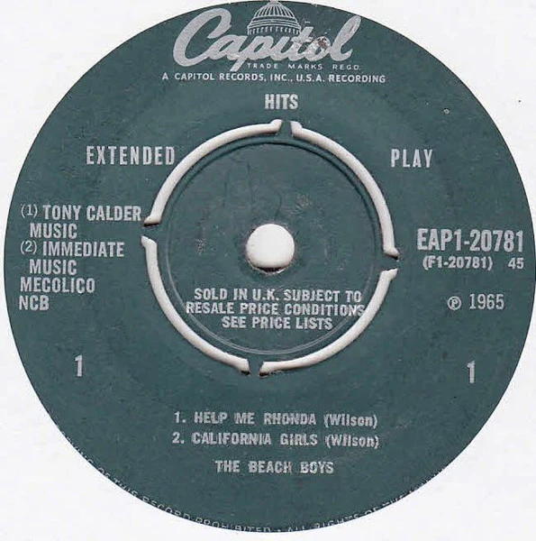 THE BEACH BOYS, Hits (Capitol; EAP1-20781, UK 1964, Laminated Flipback Sleeve, Mono) 7" EP VG+/VG - Image 3