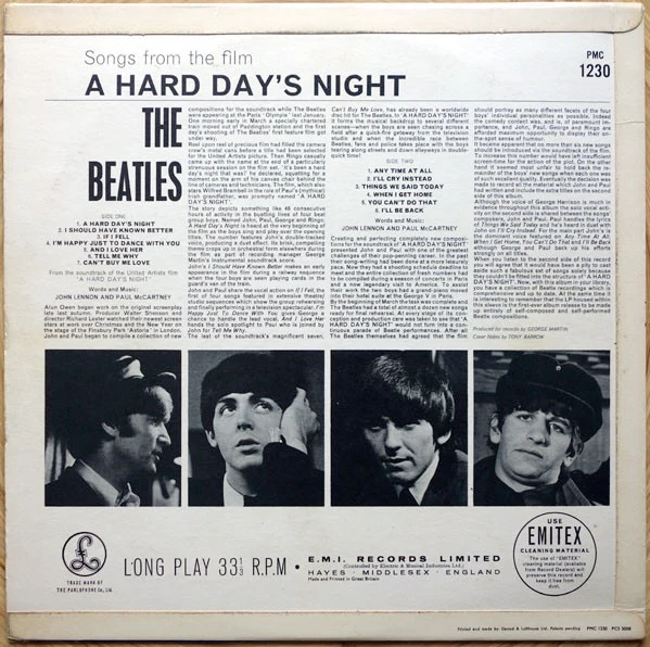THE BEATLES, A Hard Day's Night (Parlophone Black/Yellow; PMC1230, UK 1964, Laminated Flipback G&L Sleeve, Mono - 1st Press. Wide Font Cat No on label, K/T Tax Code) LP G+/G - Image 2