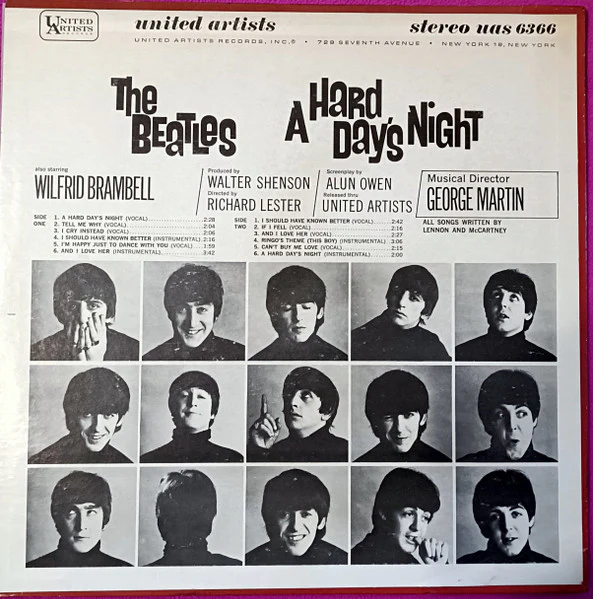 THE BEATLES, A Hard Day's Night (Original Motion Picture Sound Track) (United Artists Records; UAS 6366, US 1975 Reissue, Pasteback Sleeve, AudioMatrix Runouts) LP VG/VG+ - Image 2