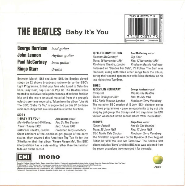 THE BEATLES, Baby It's You (Apple Records; 7243 8 82073 7 9, Europe 1995, Flipback Sleeve, Mono), SALE - Up to 50% Off the Original Price 7" EP EX/VG+ - Image 2