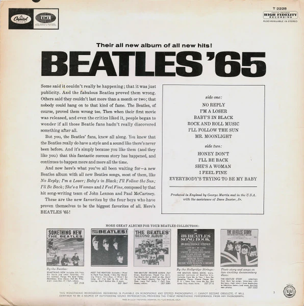 THE BEATLES, Beatles '65 (Capitol Records; T 2228, US 1964, Pasteback Sleeve, NO company inner, Mono, Scranton Pressing) LP VG/VG - Image 2