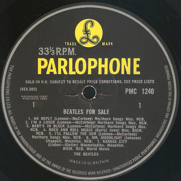 THE BEATLES, Beatles For Sale (Parlophone Black/Yellow; PMC 1240, UK 1964, Laminated Gatefold Sleeve. Misprint - All Printing Offset By 1cm, so White Spine Runs Down Front Cover, Outline Mon LP VG/VG - Image 3