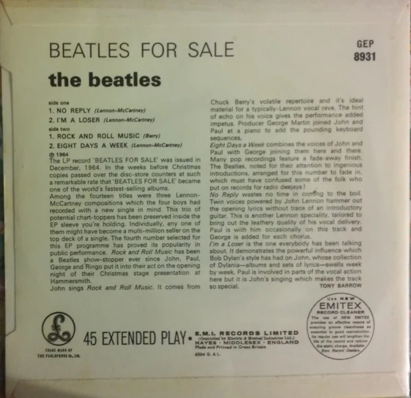 THE BEATLES, Beatles For Sale (Parlophone; GEP 8931, UK 1981 Reissue, Laminated Flipback Sleeve, Four Prong Centre ) 7" VG/G+ - Image 2