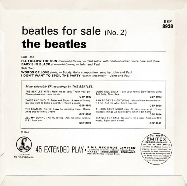 THE BEATLES, Beatles For Sale (No. 2) (Parlophone Black & Yellow With Gramophone Co Rim Text; GEP 8938, UK 1969 Reissue, Laminated Flipback Sleeve) 7" EP VG/VG - Image 2