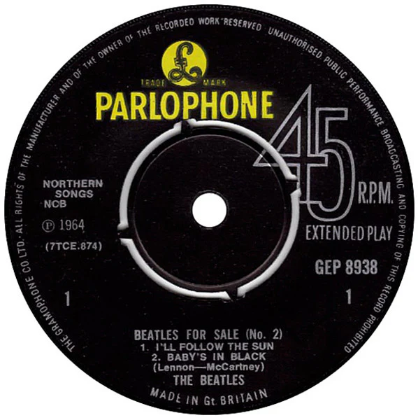 THE BEATLES, Beatles For Sale (No. 2) (Parlophone Black & Yellow With Gramophone Co Rim Text; GEP 8938, UK 1969 Reissue, Laminated Flipback Sleeve) 7" EP VG/VG - Image 3