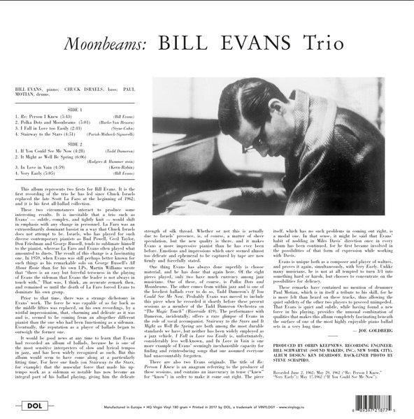 THE BILL EVANS TRIO, Moon Beams (DOL; DOL877HG, Europe 2022 Reissue, 180 Gram Vinyl) LP NEW/NEW - Image 2