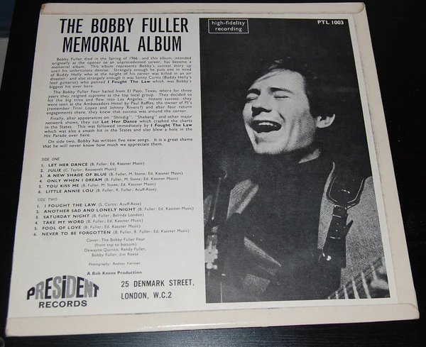 THE BOBBY FULLER FOUR, I Fought The Law - Memorial Album (President Records; PTL 1003, UK 1966, Flipback Sleeve, "She's My Girl" redacted on cover) LP VG/G+ - Image 2
