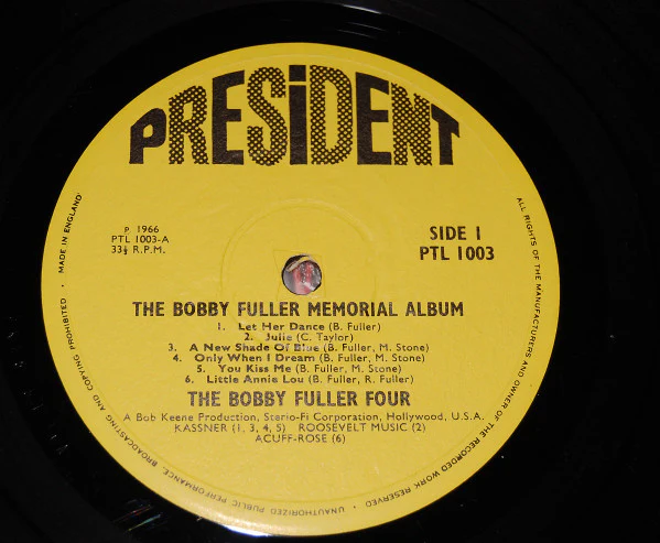 THE BOBBY FULLER FOUR, I Fought The Law - Memorial Album (President Records; PTL 1003, UK 1966, Flipback Sleeve, "She's My Girl" redacted on cover) LP VG/G+ - Image 3