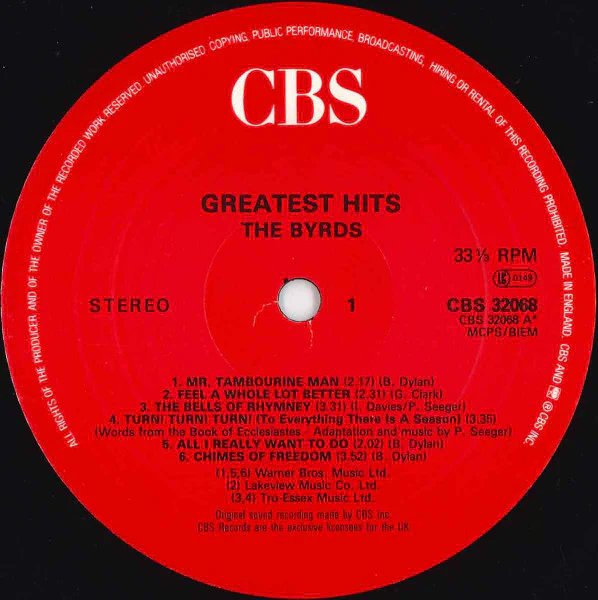 THE BYRDS, Greatest Hits (CBS Red Label; 32068, UK 1980s Reissue) LP VG+/VG+ - Image 3