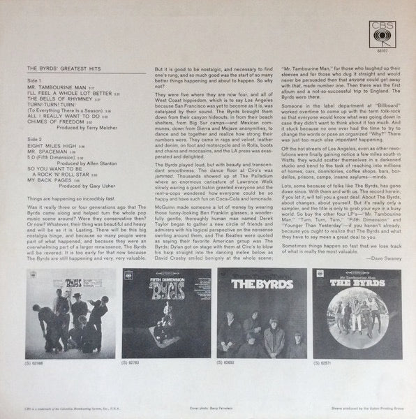 THE BYRDS, Greatest Hits (CBS Orange ; 63107, UK 1967, Laminated Front Sleeve, Pinched Spine, Mono) LP VG/VG - Image 2